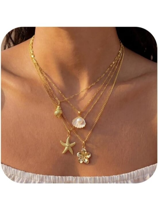 Jewelry - Women's Flower Glod Plated Layered Pendan Dainty Coastal Charm Starfish Necklace